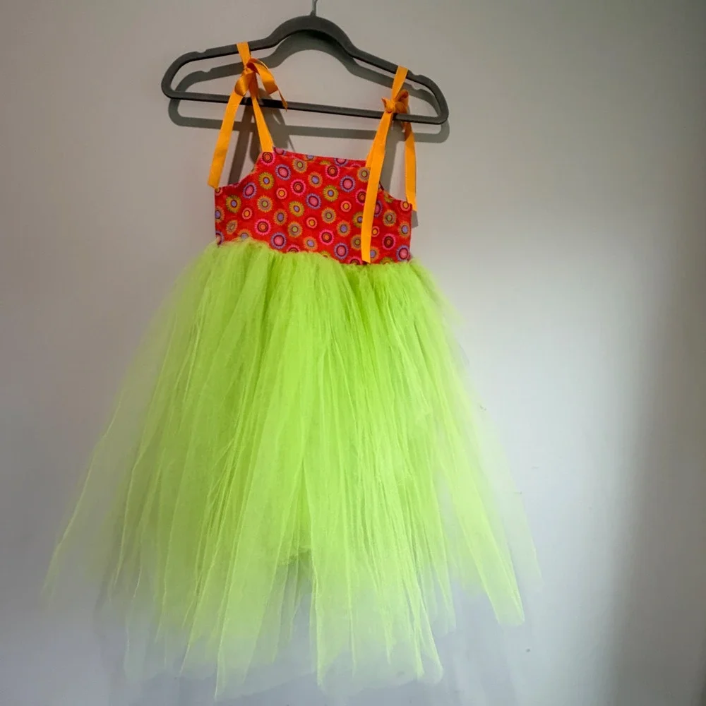 Moo Boos Tulle Tutu Dress Kids Size 6 Floral Neon Green Orange Fun Dressup Fairy